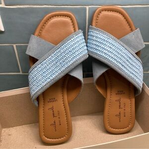 Mila Paoli Suede Criss Cross Raffia Leather Slide Lt Blue 7.5 ITALY Sandals New